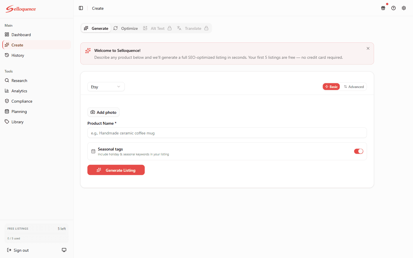 Selloquence AI generating an SEO-optimized Etsy listing with a 97 SEO score